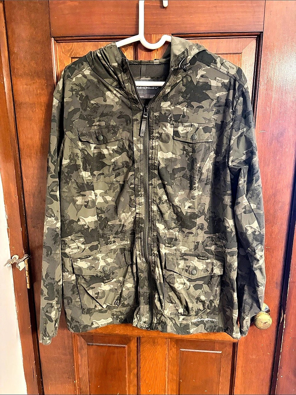 Eddie Bauer Travex Green Camo Hooded Utility Jacket Camo Utility Jacket Green &